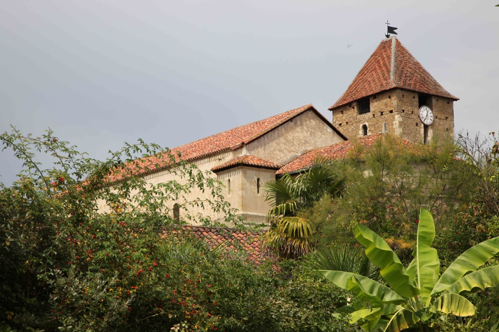Le prieuré de Madiran en arrière plan de la végétation