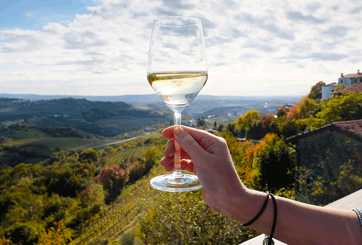 Un verre de vin blanc cristallin devant un très beau paysage